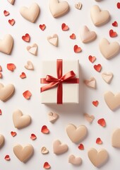 Romantic Valentine's Day gift. White background with gift and hearts. Generative AI.