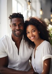 Smiling dark-skinned couple in a modern white interior. Generative AI.