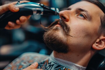 Man getting his mustache shaped by an electric trimmer in a barber shop. - obrazy, fototapety, plakaty