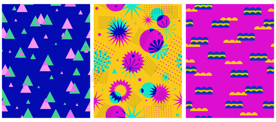 Isograph Style Seamless Vector Pattern.Simple Abstract Geometric Colorful Print with Elements on a Vibrant Blue,Neon Pink and Yellow Background.Grunge Modern Repeatable Design i Retro 90s Style. RGB. 