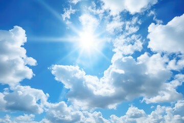 Blue sky with white clouds and sun. Nature background