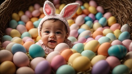 Fototapeta na wymiar Adorable baby with easter eggs