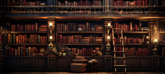 Classic Library Interior with Vintage Books
