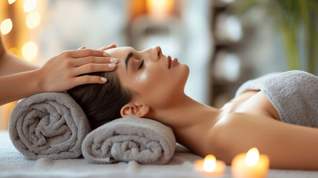 young woman lying down with her eyes closed, appearing to be in a receiving a spa treatment