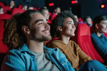 Mid-shot front view of young diverse couple having a good time while watching a film inside movie theater 