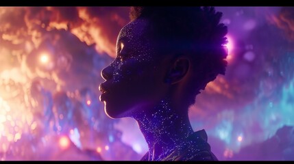 african people are depicted as cosmic beings with supernatural powers, spreading a message of unity and positivity including electrifying light displays, futuristic landscapes, and animated elements.