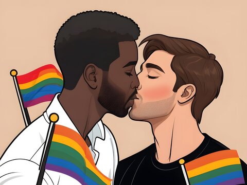 an African American man and a Caucasian man kiss, there are three small LGBT+I flags. AI