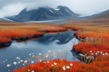 arctic landscape with mountain and blooming tundra