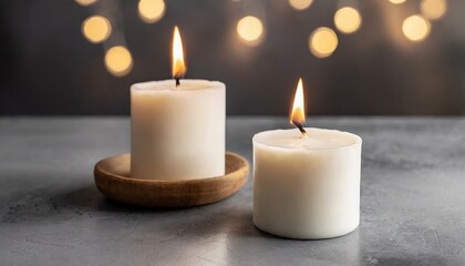 Two burning soy candles, gray cement background.