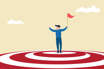 Businessman holding winning flag on target. concept of Achievement, reaching goal, business challenge, and success