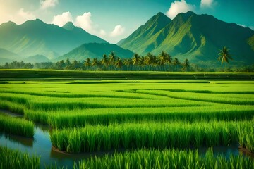 Beautiful landscape of growing Paddy rice field with mountain and blue sky 