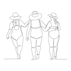 Fototapeta na wymiar One line continuous drawing of three plus size women