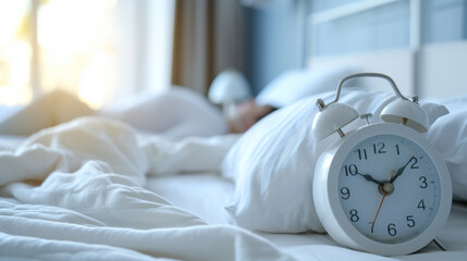 classic white alarm clock is on a bed with white linens, bathed in soft morning light with a blurred background suggesting a bedroom setting - obrazy, fototapety, plakaty