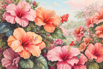 Hibiscus garden floral drawing paintng  flower chiness rose water painting pastel colorful