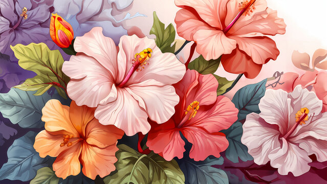 Hibiscus garden floral drawing paintng  flower chiness rose water painting pastel colorful