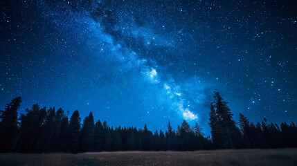Blue dark night sky with many stars above field of trees. Yellowstone park. Milkyway cosmos background - obrazy, fototapety, plakaty