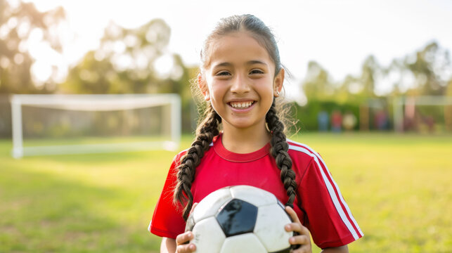 happy young girl with braided hair, holding a soccer ball, wearing a red sports jersey, with a soccer goal in the background, likely on a playing field