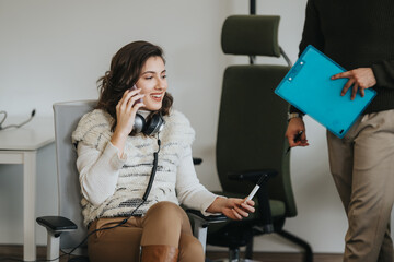 A diverse group of professionals collaborating and discussing ideas in a modern office environment.