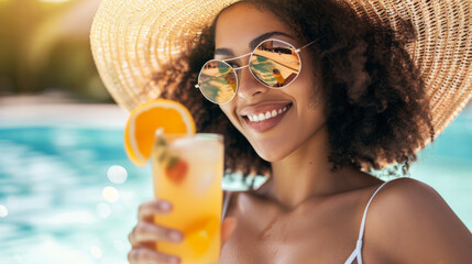 cheerful young woman wearing a straw hat and sunglasses