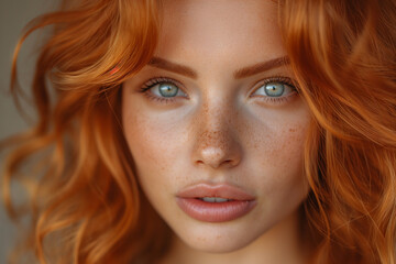 European young white skinned girl with red hair, green eyes and freckles as beauty concept. Selective focus - obrazy, fototapety, plakaty
