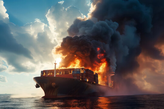 A container ship on fire at sea after an attack