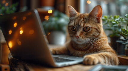 ginger cat in the office at the desk, cat working in the office at the laptop