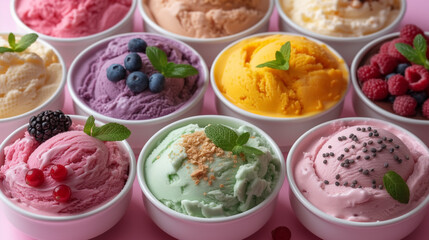 a set of bowls of beautifully colored ice cream