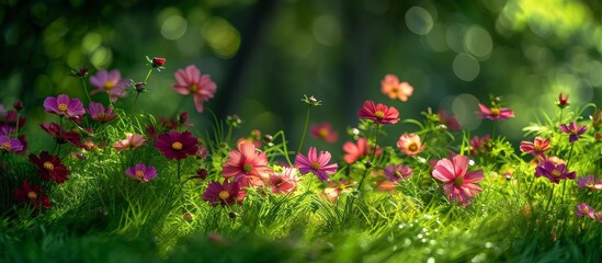 Vibrant Cosmos Flowers and Lush Green Grass create a Captivating Landscape of Cosmos Flowers, Greenery, and Grass
