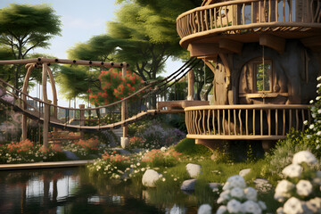 A backyard garden with a treehouse and rope bridge