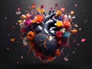Concept art of a human heart exploding with creativity. Heart exploding with flowers, surrelaism abstract, abstrac human heart exploding creativity, generative ai, ai generative abstract concept art.