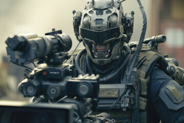 Fototapeta premium Modern warfare - military of the future using drones and AI (generative AI)