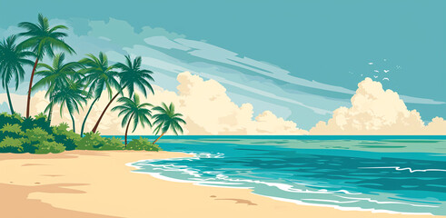 Fototapeta na wymiar Tropical Paradise: A Serene Beach Landscape with Lush Palm Trees, Crystal Clear Waters, and a Beautiful Sky