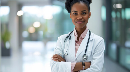 professional female doctor standing with arms crossed - obrazy, fototapety, plakaty