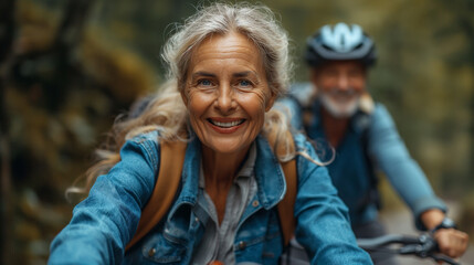 Woman of middle aged is going on bicycle outdoors with other person. Selective focus. Sport concept. Copy space 
