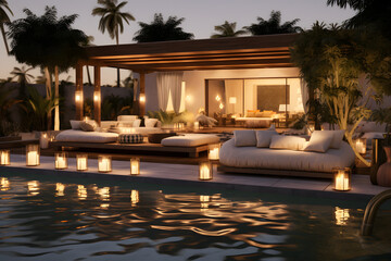 Fototapeta premium A backyard oasis with a pergola covered dining area