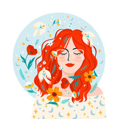 Illustration with woman, flowers and birds. Vector design concept for International Women s Day and other