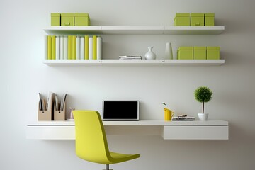 A minimalist home office with a white desk, a lime green chair, and floating shelves displaying colorful books and decor.
