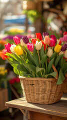 Colorful tulips in a basket on a table in a flower shop