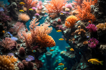 Fototapeta na wymiar Underwater Life: Corals, Plants, and Colorful Fish in the Magic of the Ocean