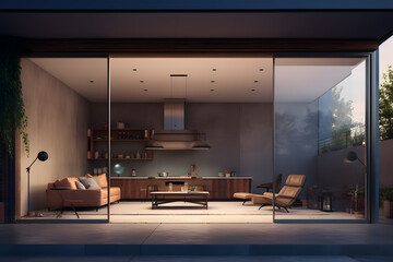 A basement space with a wall of sliding glass doors  - obrazy, fototapety, plakaty