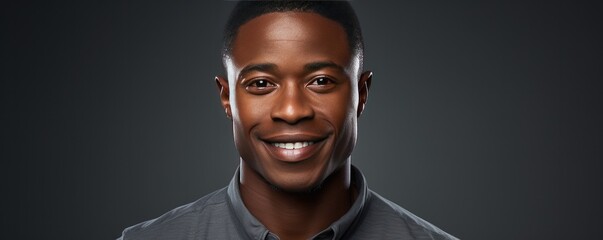 Obraz premium Smiling handsome dark-skin man on a dark background. Generative AI.