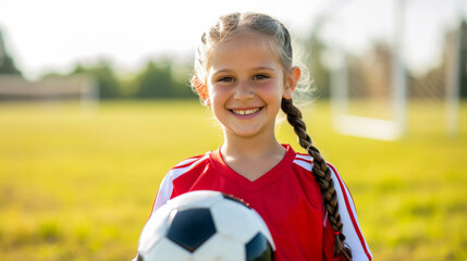 happy young girl with braided hair, holding a soccer ball, wearing a red sports jersey, with a soccer goal in the background, likely on a playing field