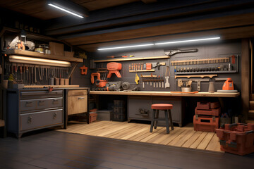 A basement with a custom-built workbench and tool storage - obrazy, fototapety, plakaty