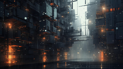 Digital rain falling over futuristic buildings