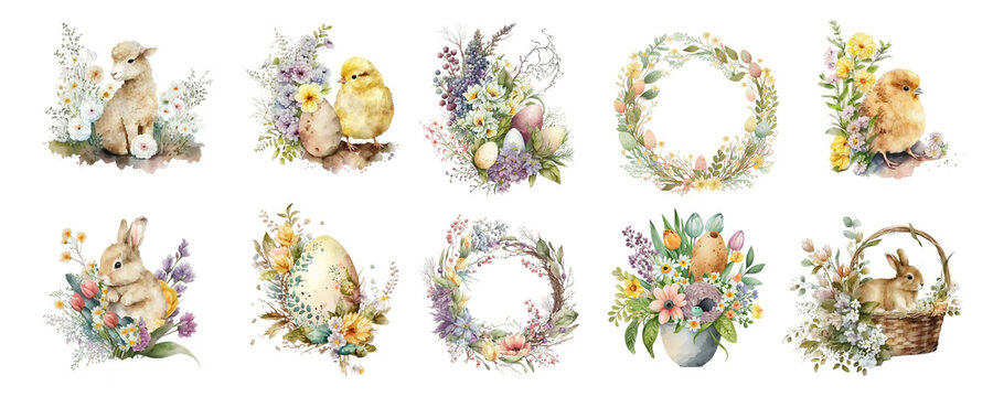 Set of Easter symbols: lamb, rabbit, wreaths, eggs, chicken and flowers