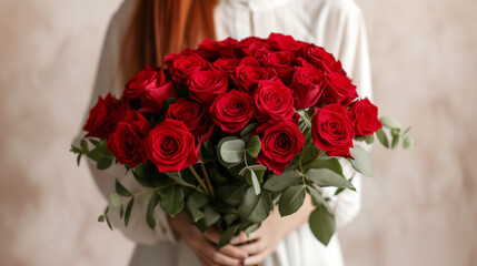 Young woman with beautiful bouquet of red roses on color background, closeup