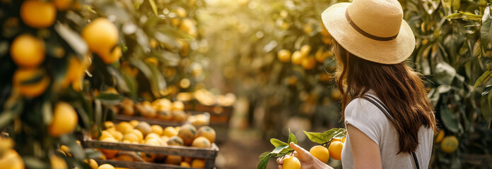 Caucasian farmer woman picks oranges on the orange tree in the garden.