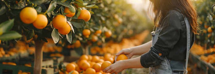 Caucasian farmer woman picks oranges on the orange tree in the garden. - obrazy, fototapety, plakaty
