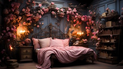 A whimsical bedroom in shades of pink, with a wrought iron bed adorned with fairy lights, floral wall accents, and a dreamy, ethereal ambiance.