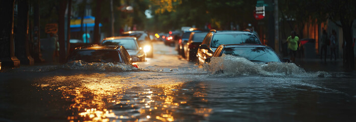 Cars were traveling on flooded roads in the city.